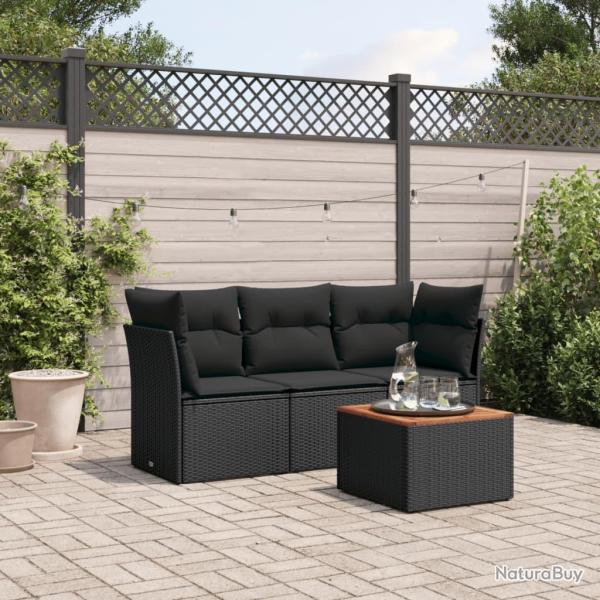Salon de jardin 4 pcs avec coussins noir r�sine tress�e