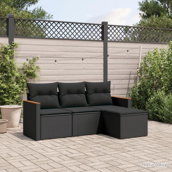 Salon de jardin 4 pcs avec coussins noir r�sine tress�e alsavelo