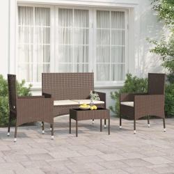 Salon de jardin 4 pcs avec coussins Marron R&eacute;sine tress&eacute;e