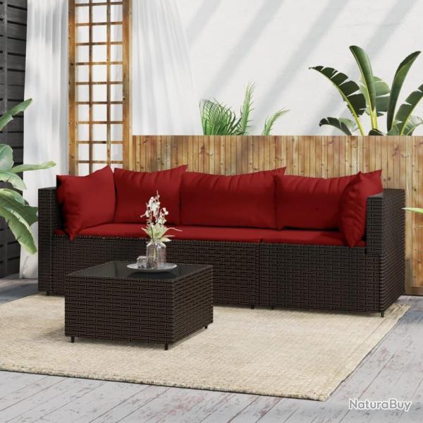 Salon de jardin 4 pcs avec coussins Marron R�sine tress�e alsavelo