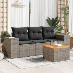 Salon de jardin 4 pcs avec coussins gris r&eacute;sine tress&eacute;e