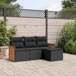 Salon de jardin 4 pcs avec coussins noir r&eacute;sine tress&eacute;e