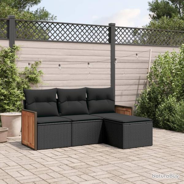 Salon de jardin 4 pcs avec coussins noir r�sine tress�e