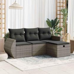 Salon de jardin 4 pcs avec coussins gris r&eacute;sine tress&eacute;e