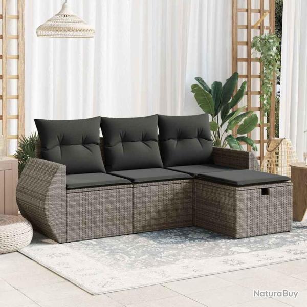 Salon de jardin 4 pcs avec coussins gris r�sine tress�e alsavelo