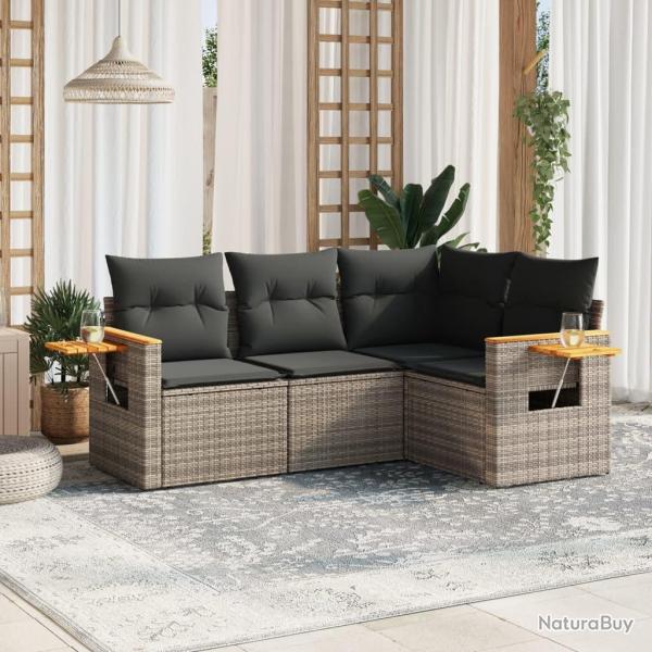 Salon de jardin 4 pcs avec coussins gris r�sine tress�e alsavelo