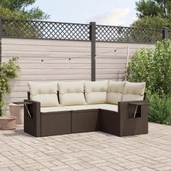 Salon de jardin 4 pcs avec coussins marron r&eacute;sine tress&eacute;e alsavelo