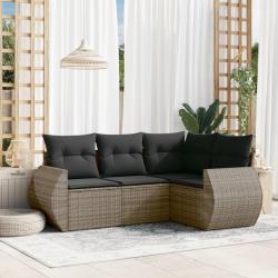 Salon de jardin 4 pcs avec coussins gris r&eacute;sine tress&eacute;e