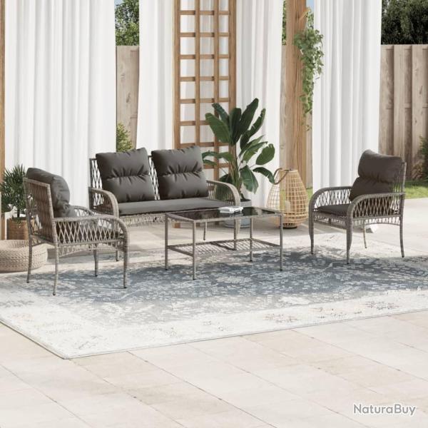 Salon de jardin 4 pcs avec coussins gris r�sine tress�e alsavelo
