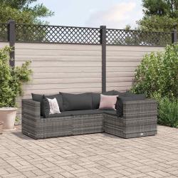 Salon de jardin 4 pcs avec coussins Gris R&eacute;sine tress&eacute;e alsavelo