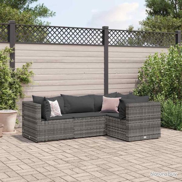 Salon de jardin 4 pcs avec coussins Gris R�sine tress�e