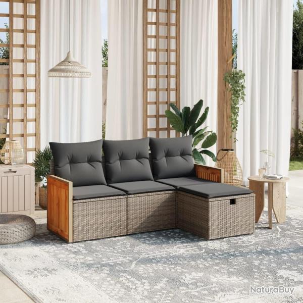 Salon de jardin 4 pcs avec coussins gris r�sine tress�e alsavelo