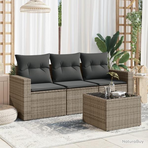 Salon de jardin 4 pcs avec coussins gris r�sine tress�e