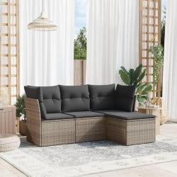 Salon de jardin 4 pcs avec coussins gris r&eacute;sine tress&eacute;e