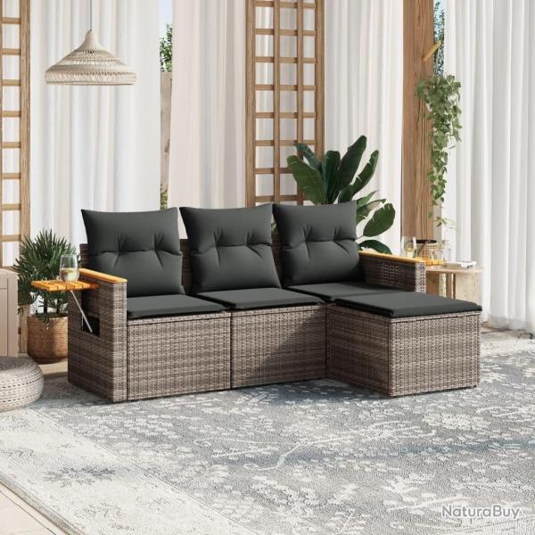 Salon de jardin 4 pcs avec coussins gris r�sine tress�e