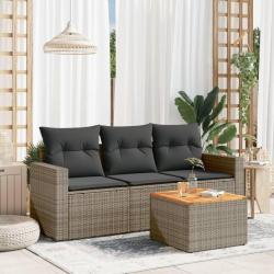 Salon de jardin 4 pcs avec coussins gris r&eacute;sine tress&eacute;e