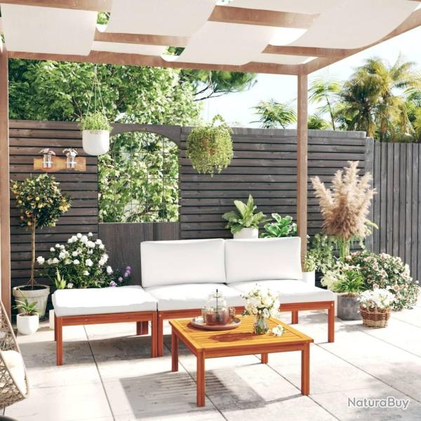 Salon de jardin 4 pcs avec coussins Cr�me Bois d'acacia solide