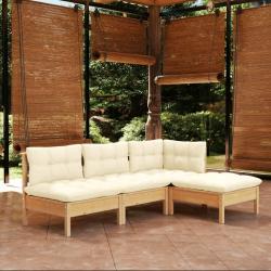 Salon de jardin 4 pcs avec coussins cr&egrave;me Bois de pin