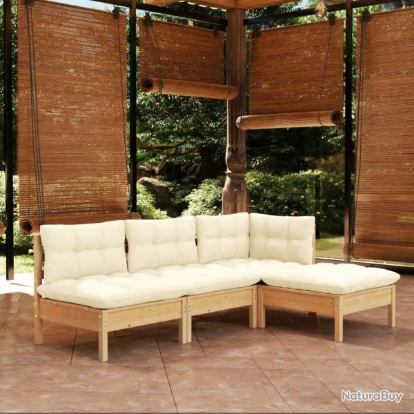 Salon de jardin 4 pcs avec coussins cr�me Bois de pin