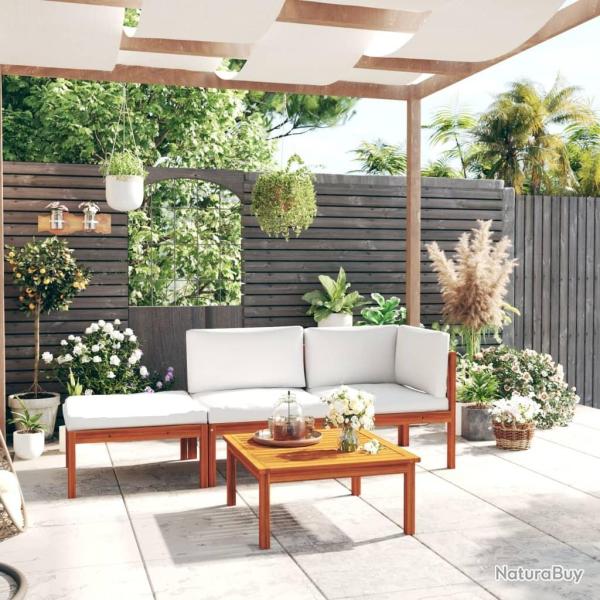 Salon de jardin 4 pcs avec coussins Cr�me Bois d'acacia solide alsavelo