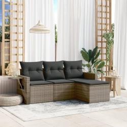 Salon de jardin 4 pcs avec coussins gris r&eacute;sine tress&eacute;e