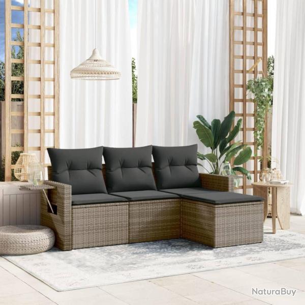 Salon de jardin 4 pcs avec coussins gris r�sine tress�e