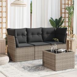 Salon de jardin 4 pcs avec coussins gris r&eacute;sine tress&eacute;e
