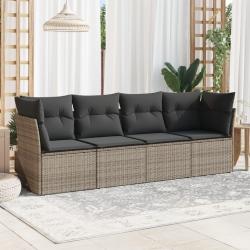 Salon de jardin 4 pcs avec coussins gris r&eacute;sine tress&eacute;e