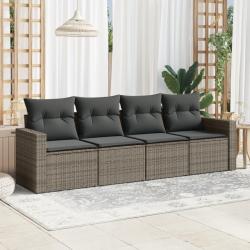 Salon de jardin 4 pcs avec coussins gris r&eacute;sine tress&eacute;e