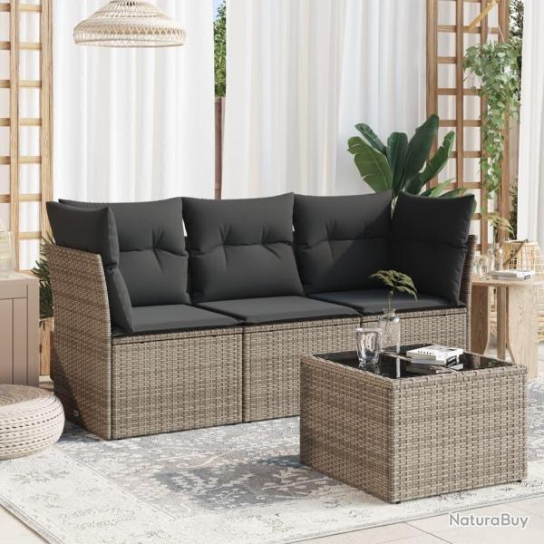 Salon de jardin 4 pcs avec coussins gris r�sine tress�e