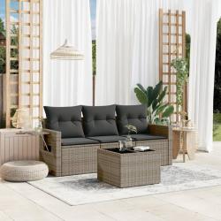 Salon de jardin 4 pcs avec coussins gris r&eacute;sine tress&eacute;e