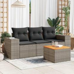 Salon de jardin 4 pcs avec coussins gris r&eacute;sine tress&eacute;e