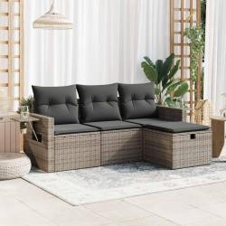 Salon de jardin 4 pcs avec coussins gris r&eacute;sine tress&eacute;e