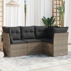 Salon de jardin 4 pcs avec coussins gris r&eacute;sine tress&eacute;e