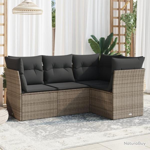 Salon de jardin 4 pcs avec coussins gris r�sine tress�e