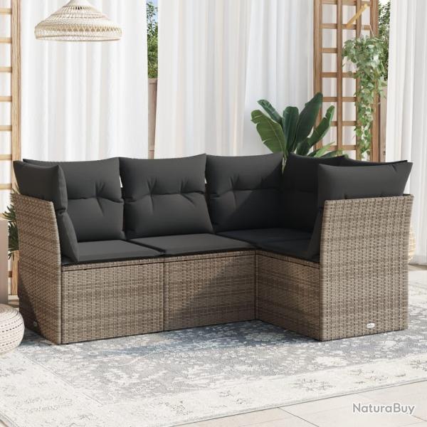 Salon de jardin 4 pcs avec coussins gris r�sine tress�e