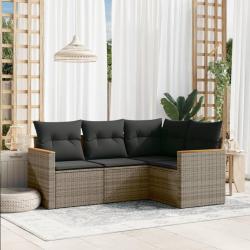 Salon de jardin 4 pcs avec coussins gris r&eacute;sine tress&eacute;e