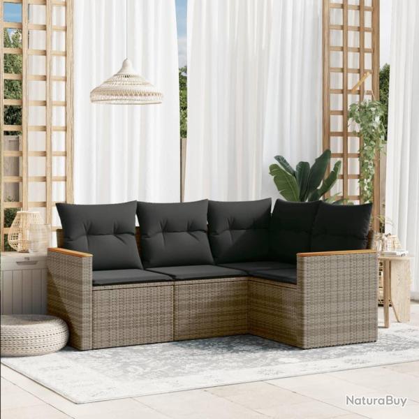Salon de jardin 4 pcs avec coussins gris r�sine tress�e