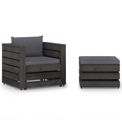 Salon de jardin 2 pcs avec coussins Bois impr&eacute;gn&eacute; de gris alsavelo