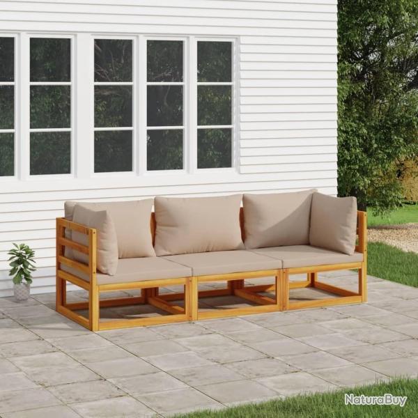 Salon de jardin 3 pcs avec coussins taupe bois massif alsavelo