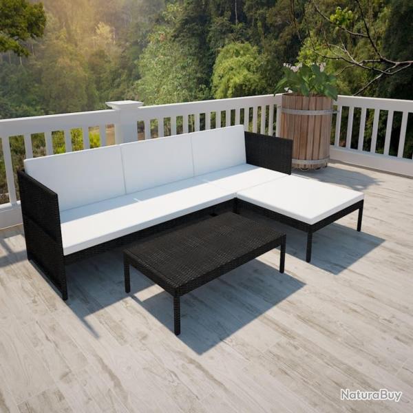 Salon de jardin 3 pcs avec coussins R�sine tress�e Noir
