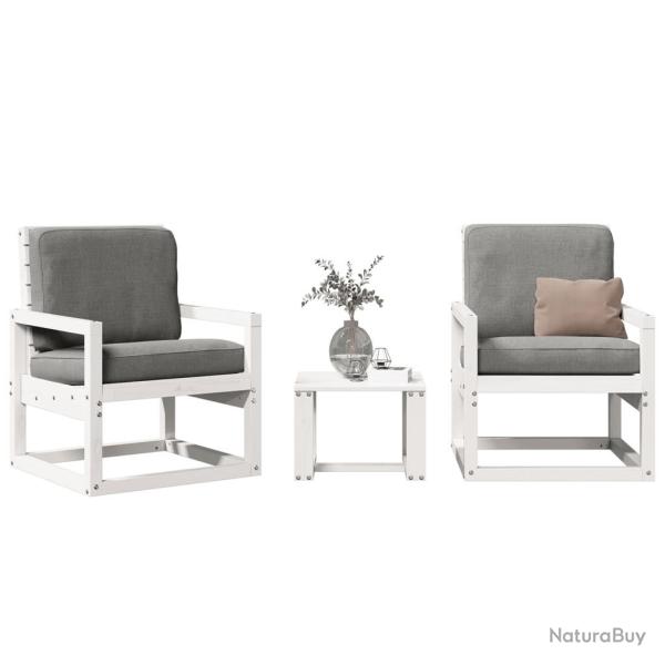 Salon de jardin 3 pcs blanc bois massif de pin