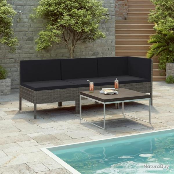 Salon de jardin 3 pcs avec coussins R�sine tress�e Gris