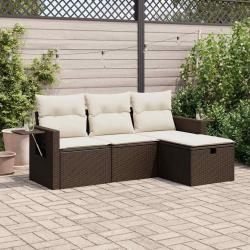 Salon de jardin 4 pcs avec coussins marron r&eacute;sine tress&eacute;e alsavelo