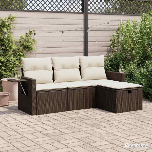Salon de jardin 4 pcs avec coussins marron r�sine tress�e alsavelo
