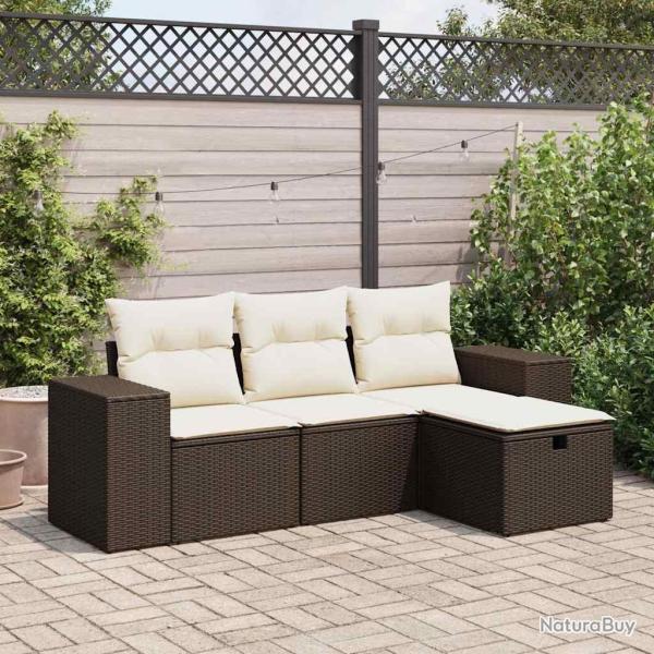Salon de jardin 4 pcs avec coussins marron r�sine tress�e alsavelo