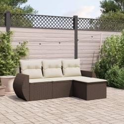 Salon de jardin 4 pcs avec coussins marron r&eacute;sine tress&eacute;e