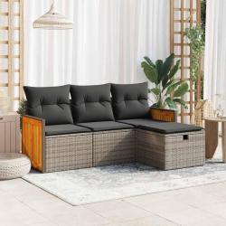 Salon de jardin 4 pcs avec coussins gris r&eacute;sine tress&eacute;e
