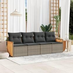 Salon de jardin 4 pcs avec coussins gris r&eacute;sine tress&eacute;e