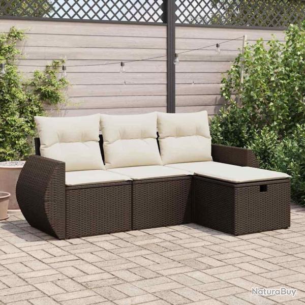Salon de jardin 4 pcs avec coussins marron r�sine tress�e alsavelo